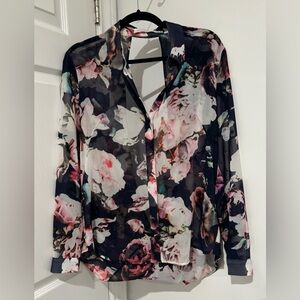 4/$30 Finders Keepers Floral Button-Up Blouse - Pink and Black sheer size M